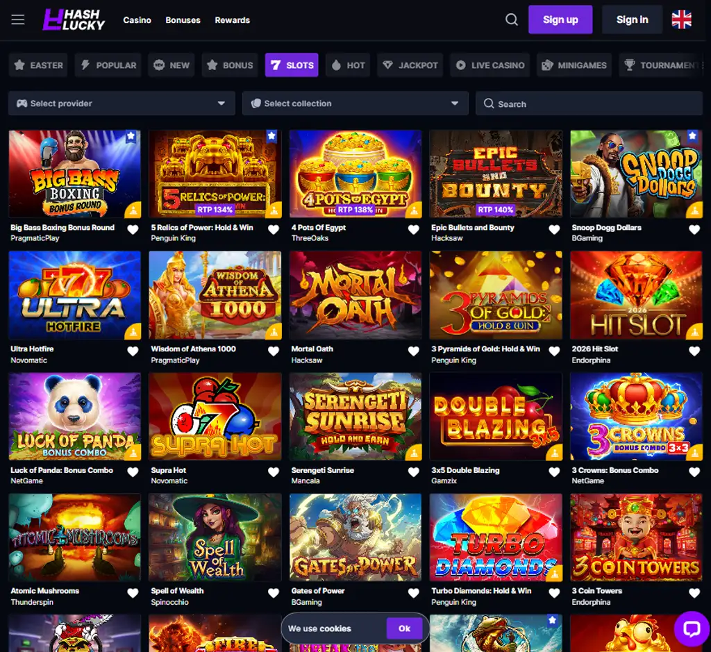 Hash Luky Casino desktop slots lobby screenshot presenting variety of slot games with categories and providers - verified