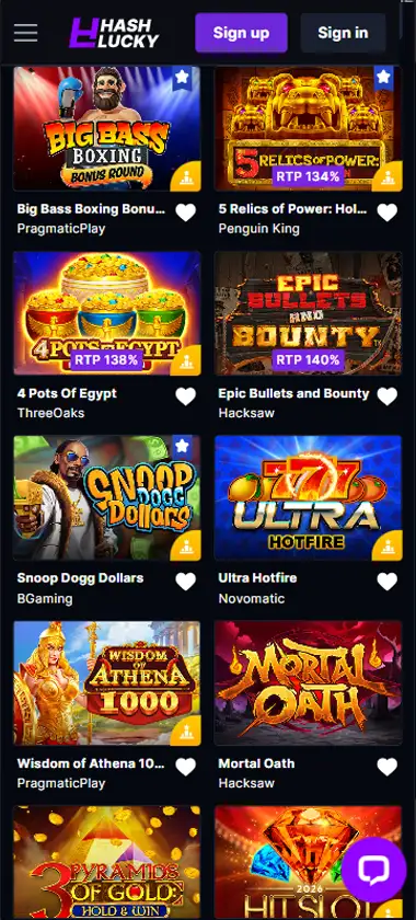 Hash Luky Casino mobile slots interface screenshot showing slot game selection with popular titles and filtering options - captured during platform testing