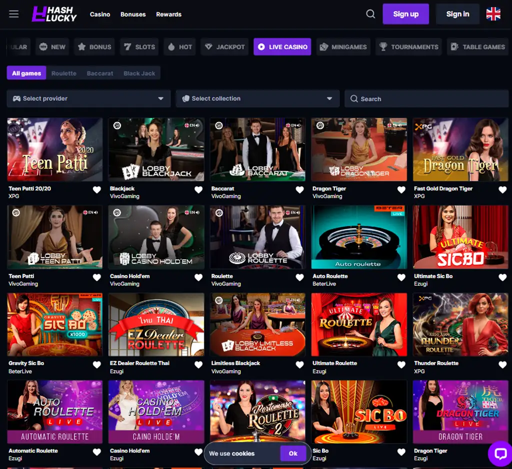 Hash Luky Casino desktop live casino lobby screenshot featuring live dealer games and real-time streaming interface - review testing