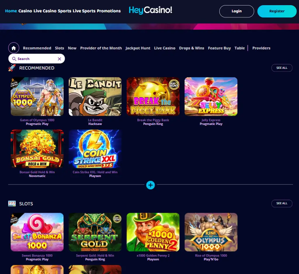 Hey Casino desktop homepage screenshot displaying main lobby with featured games, promotions and navigation menu - tested