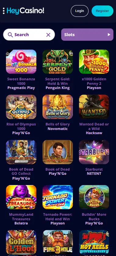 Hey Casino mobile slots interface screenshot showing slot game selection with popular titles and filtering options - captured during platform testing