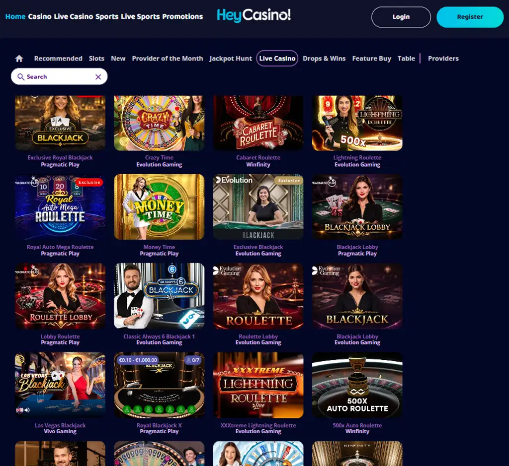 Hey Casino desktop live casino lobby screenshot featuring live dealer games and real-time streaming interface - review testing