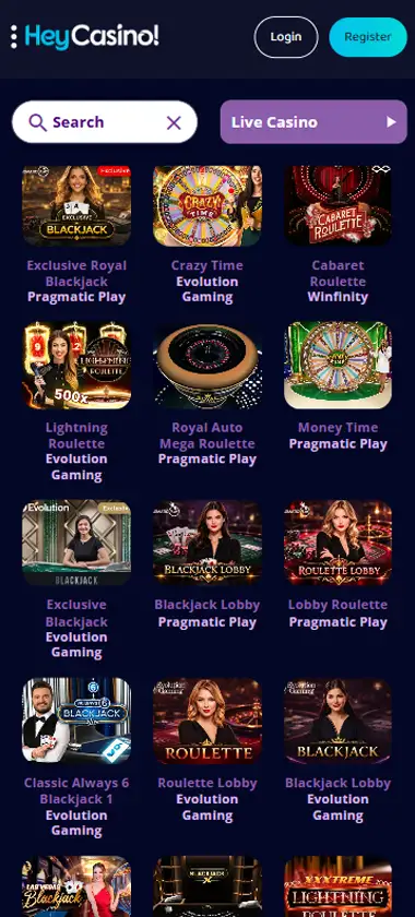 Hey Casino mobile live casino interface screenshot showing live dealer tables including blackjack and roulette - tested