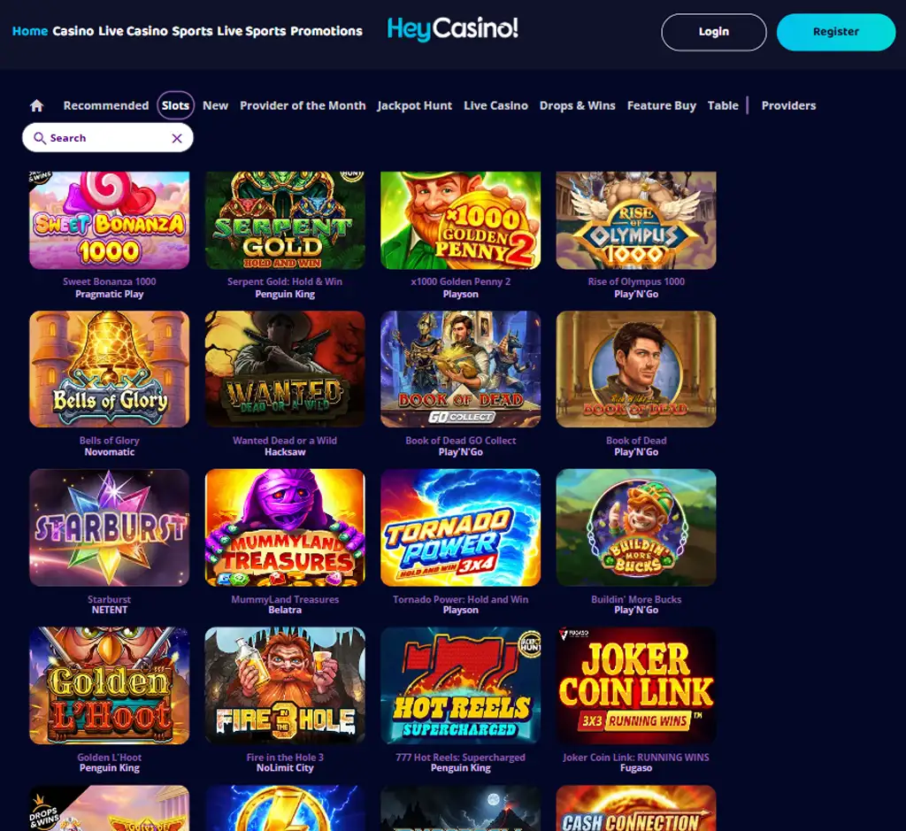Hey Casino desktop slots lobby screenshot presenting variety of slot games with categories and providers - verified
