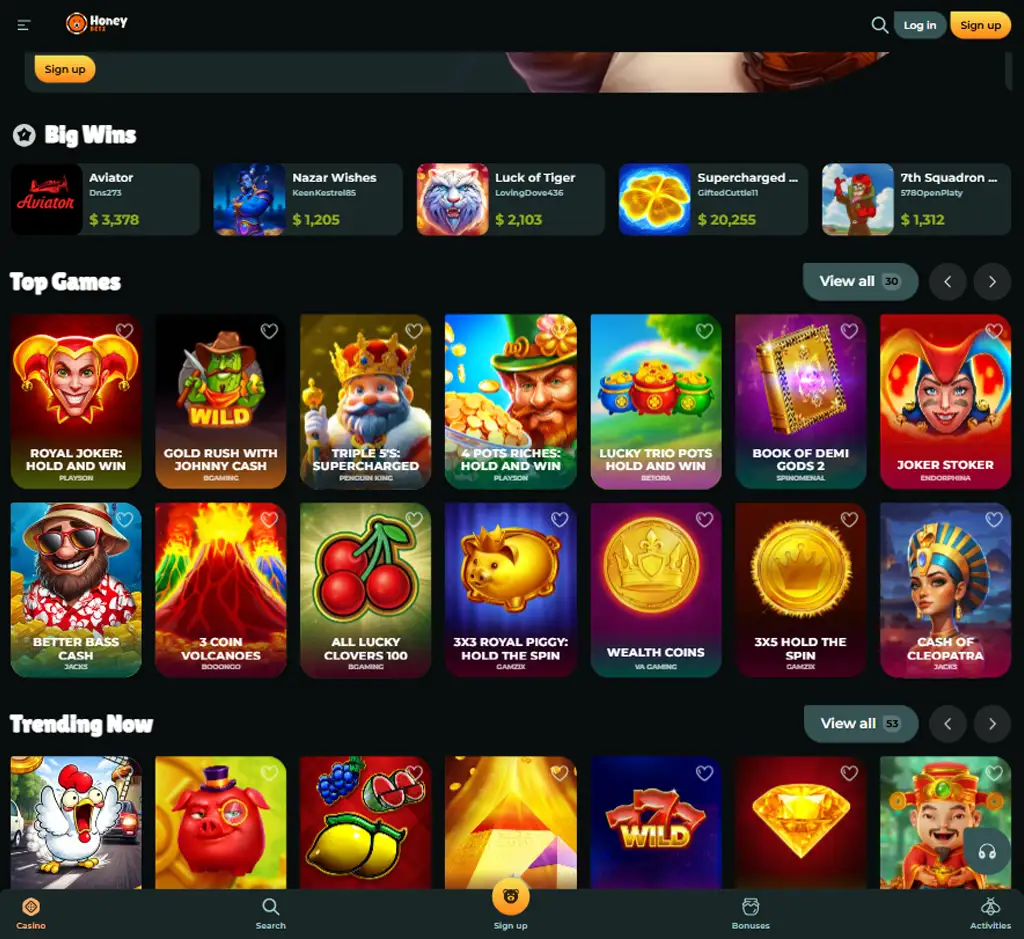 Honeybetz Casino desktop homepage screenshot displaying main lobby with featured games, promotions and navigation menu - tested