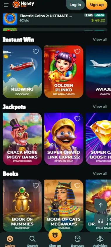 Honeybetz Casino mobile homepage screenshot showing main lobby with featured games and promotions - captured during platform testing