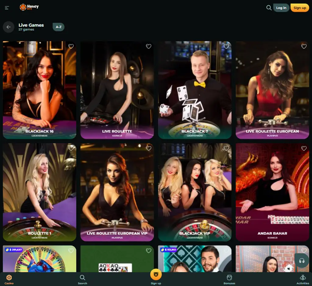 Honeybetz Casino desktop live casino lobby screenshot featuring live dealer games and real-time streaming interface - review testing
