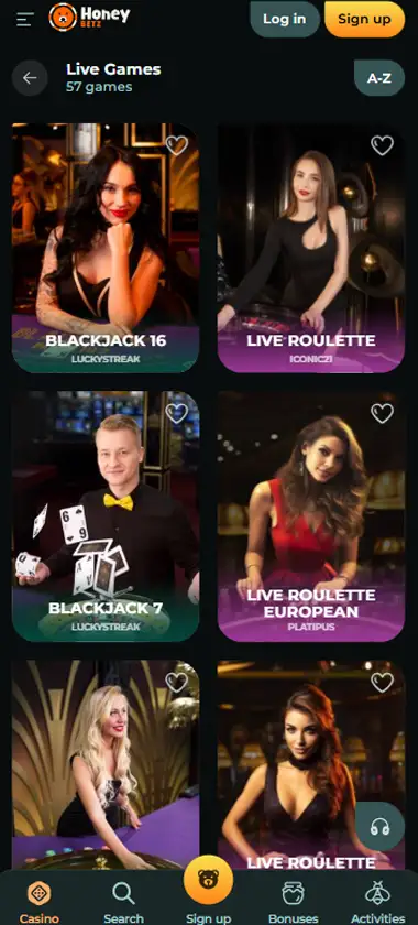 Honeybetz Casino mobile live casino interface screenshot showing live dealer tables including blackjack and roulette - tested