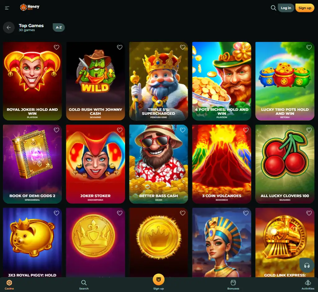 Honeybetz Casino desktop slots lobby screenshot presenting variety of slot games with categories and providers - verified