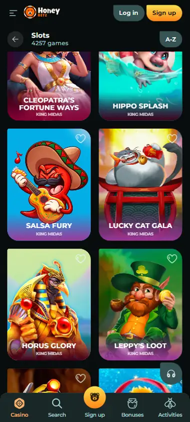 Honeybetz Casino mobile slots interface screenshot showing slot game selection with popular titles and filtering options - captured during platform testing