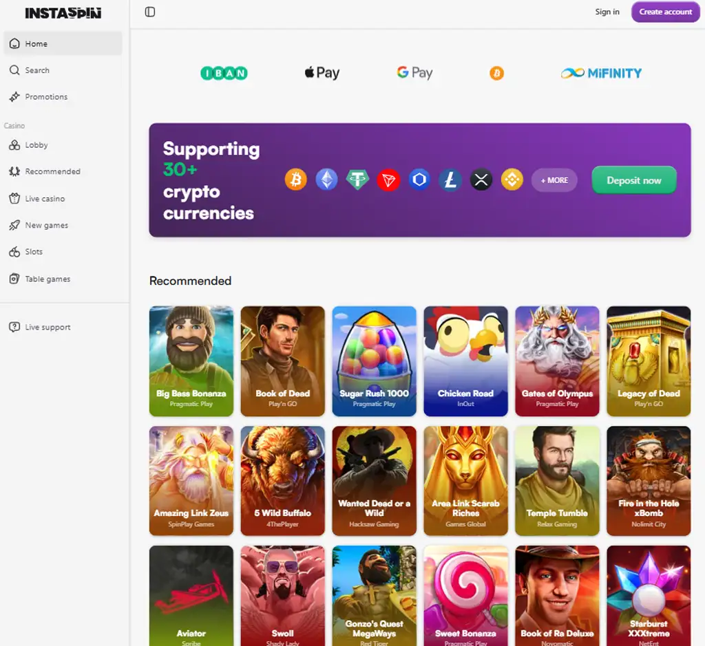 Instaspin Casino desktop homepage screenshot displaying main lobby with featured games, promotions and navigation menu - tested