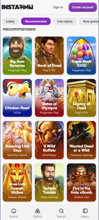 Instaspin Casino mobile slots interface screenshot showing slot game selection with popular titles and filtering options - captured during platform testing