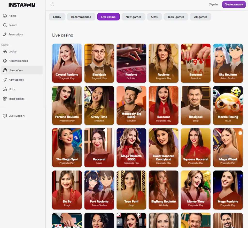 Instaspin Casino desktop live casino lobby screenshot featuring live dealer games and real-time streaming interface - review testing