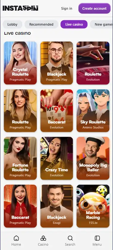 Instaspin Casino mobile live casino interface screenshot showing live dealer tables including blackjack and roulette - tested