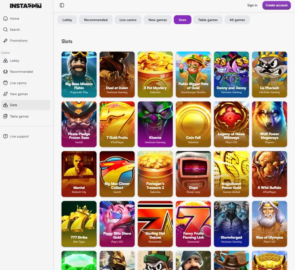 Instaspin Casino desktop slots lobby screenshot presenting variety of slot games with categories and providers - verified
