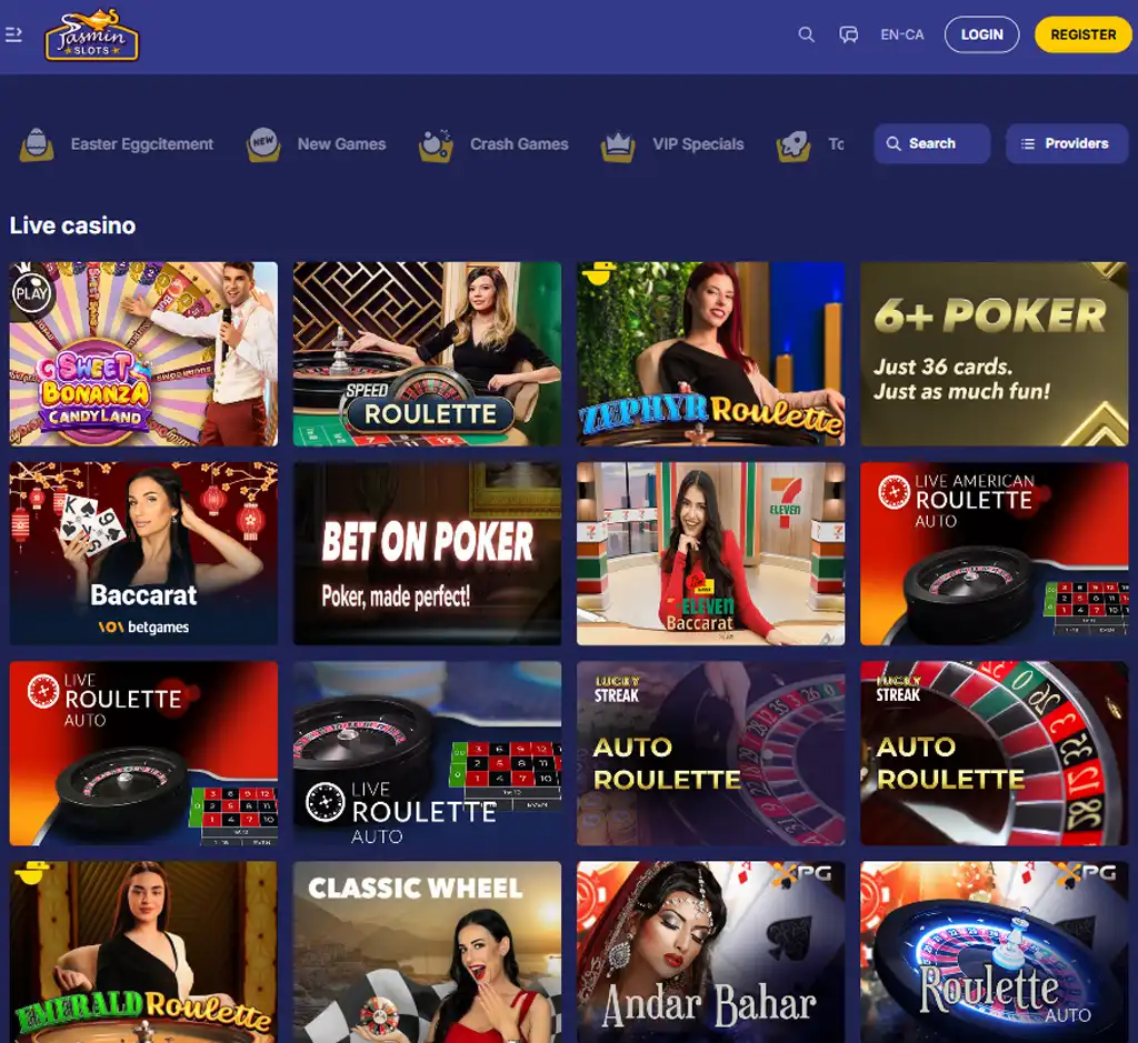 Jasmine Slots desktop live casino lobby screenshot featuring live dealer games and real-time streaming interface - review testing