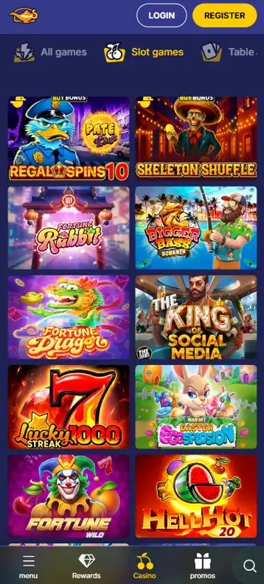 Jasmine Slots mobile slots interface screenshot showing slot game selection with popular titles and filtering options - captured during platform testing