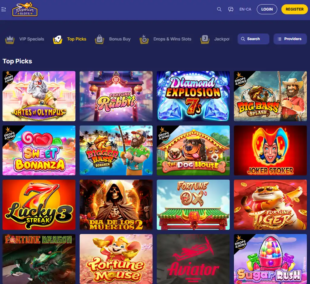 Jasmine Slots desktop slots lobby screenshot presenting variety of slot games with categories and providers - verified