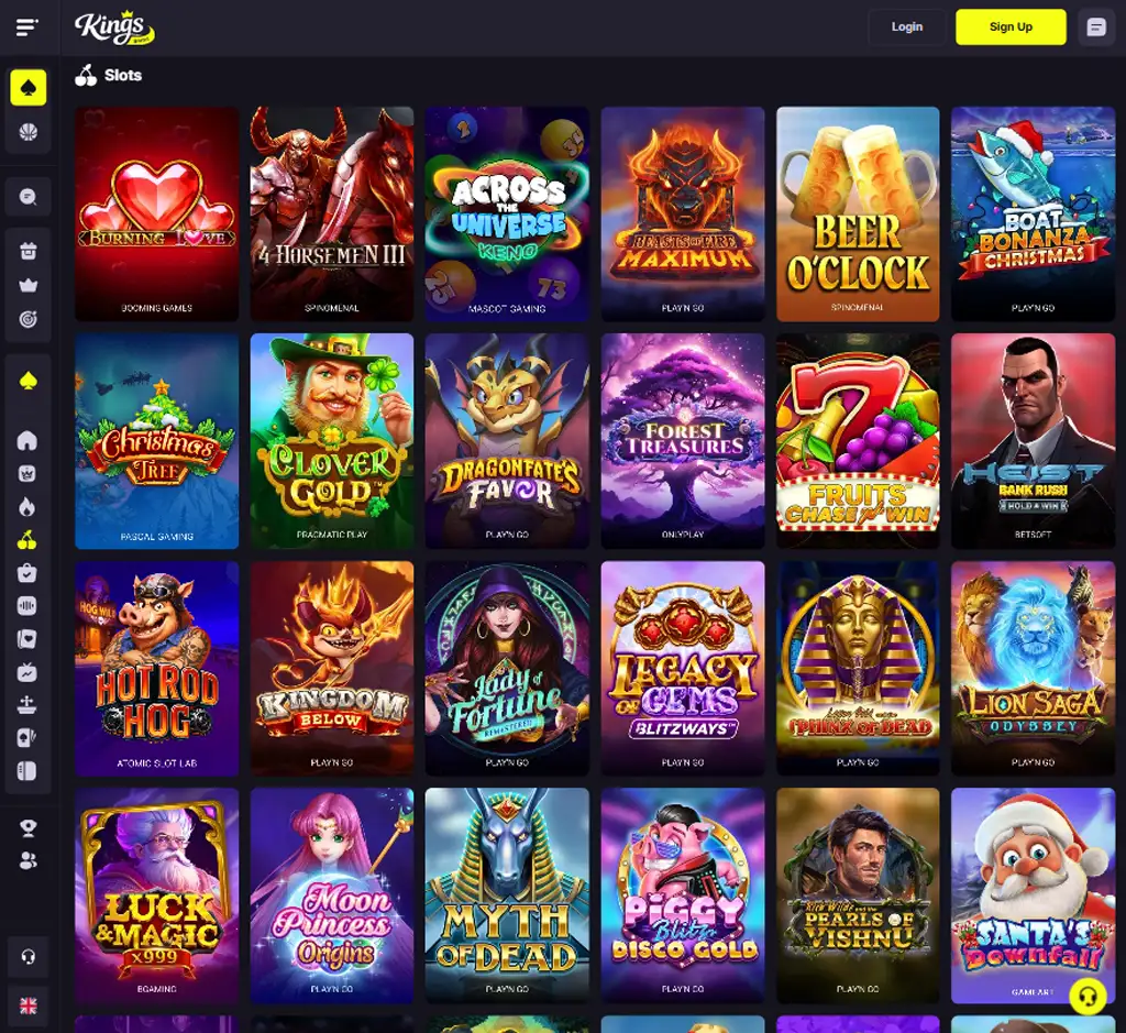 Kings Game Casino desktop slots lobby screenshot presenting variety of slot games with categories and providers - verified