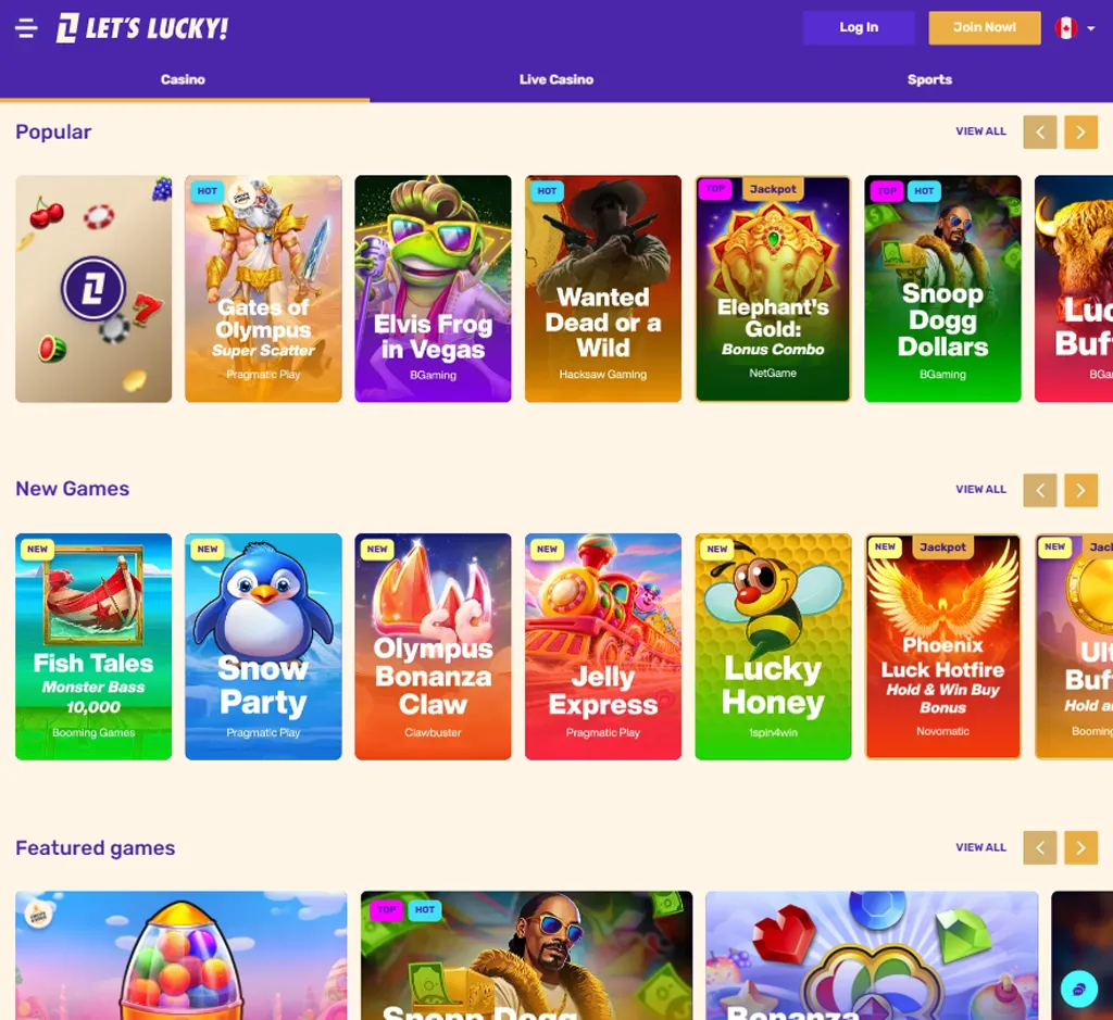Lets Lucky Casino homepage desktop interface screenshot showing main lobby, featured games and promotions - tested