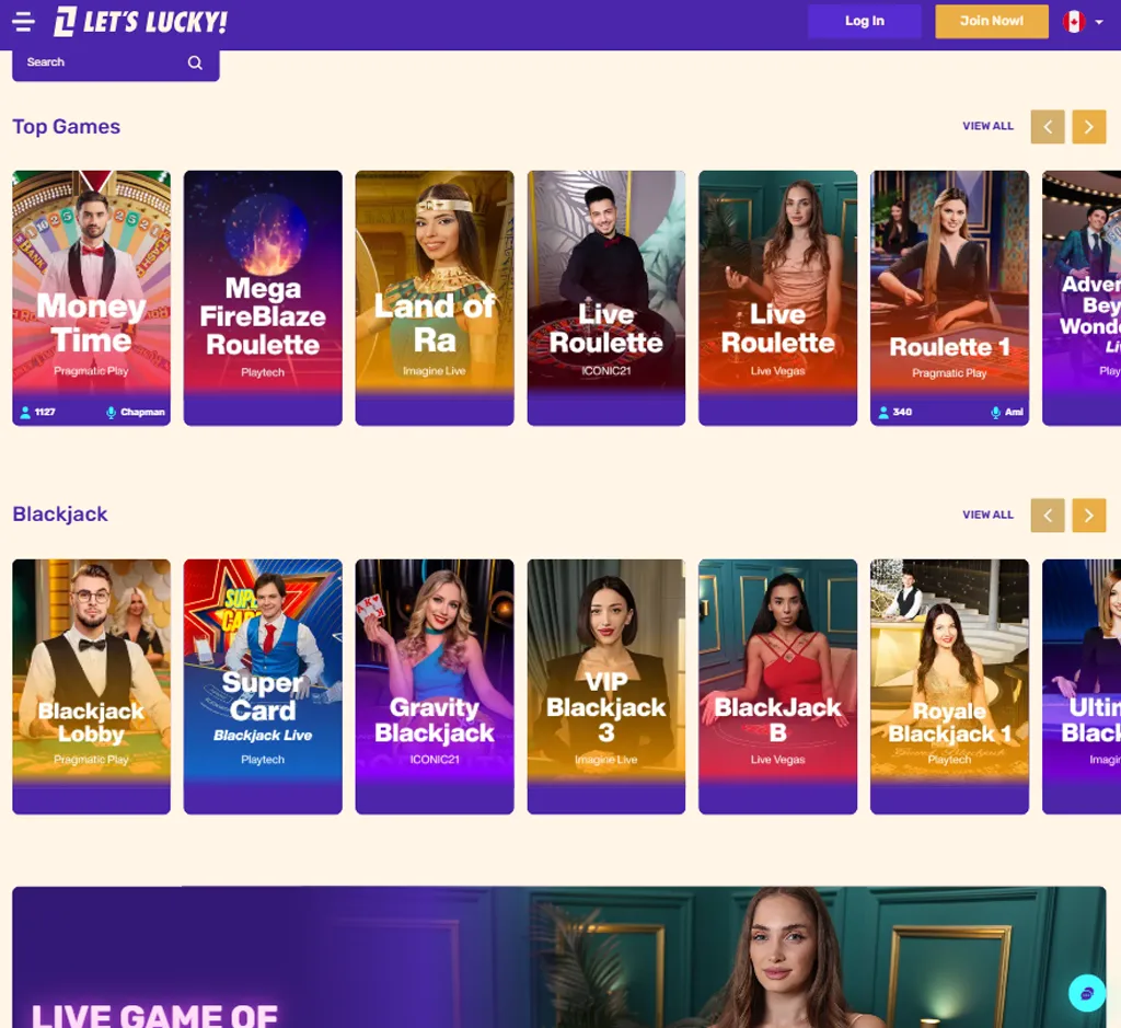 Lets Lucky Casino live casino desktop interface screenshot showing live dealer tables and streaming gameplay - captured during testing