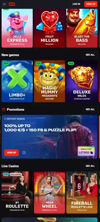N1 Bet Casino mobile homepage screenshot showing main lobby with featured games and promotions - tested