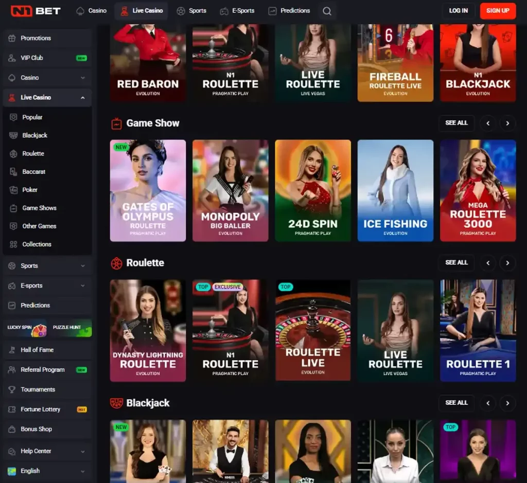 N1 Bet Casino desktop live casino lobby screenshot featuring live dealer games and real-time streaming interface - tested