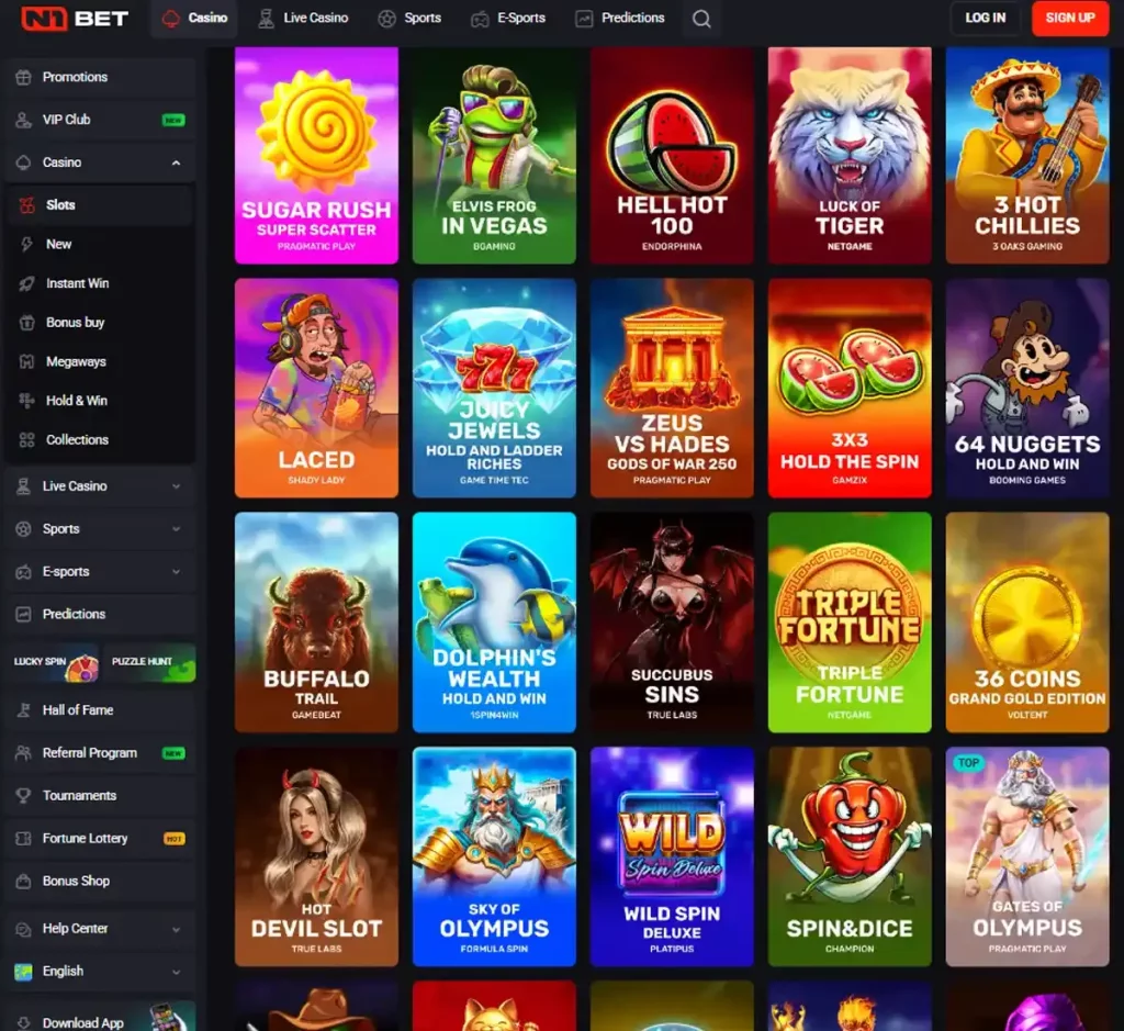 N1 Bet Casino desktop slots lobby screenshot presenting variety of slot games with categories and providers - tested