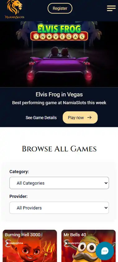 Narnia Slots Casino mobile homepage screenshot showing main lobby with featured games and promotions - Tested