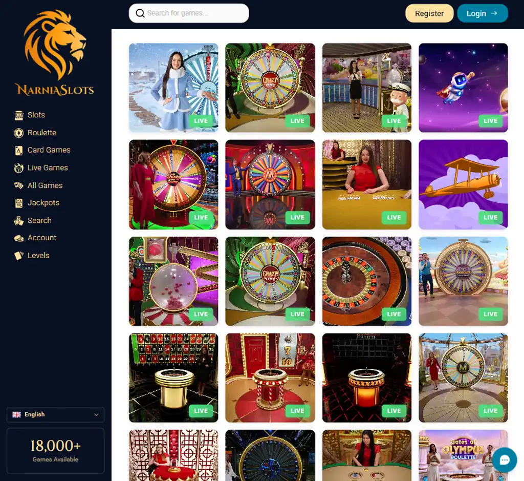Narnia Slots Casino desktop live casino lobby screenshot featuring live dealer games and real-time streaming interface - Tested