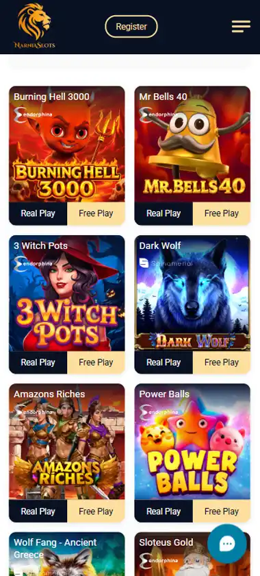 Narnia Slots Casino mobile slots interface screenshot showing slot game selection with popular titles and filtering options - Tested