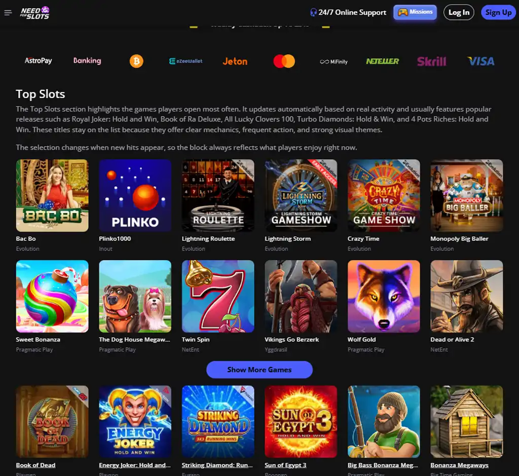 Need for Slots Casino desktop slot games lobby screenshot presenting variety of slot games with categories and providers - Tested