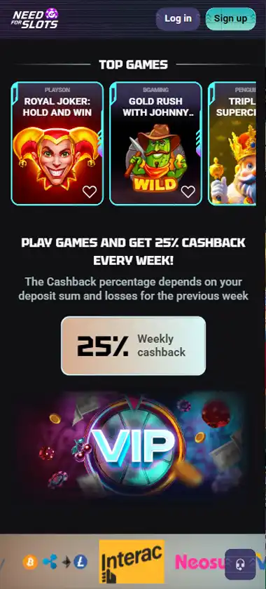 Need for Slots Casino desktop top games category screenshot showcasing trending and recommended slot games - Tested