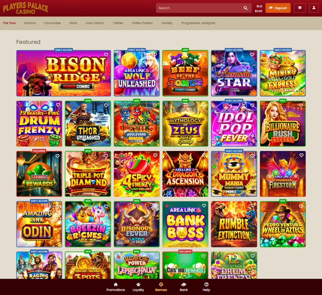 Players Palace Casino desktop homepage screenshot displaying main lobby with featured games, promotions and navigation menu - tested