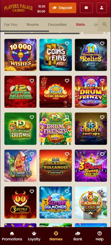 Players Palace Casino mobile slots interface screenshot showing slot game selection with popular titles and filtering options - captured during platform testing