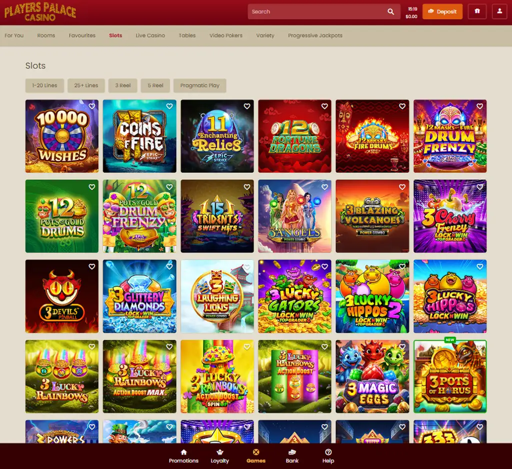 Players Palace Casino desktop slots lobby screenshot presenting variety of slot games with categories and providers - verified