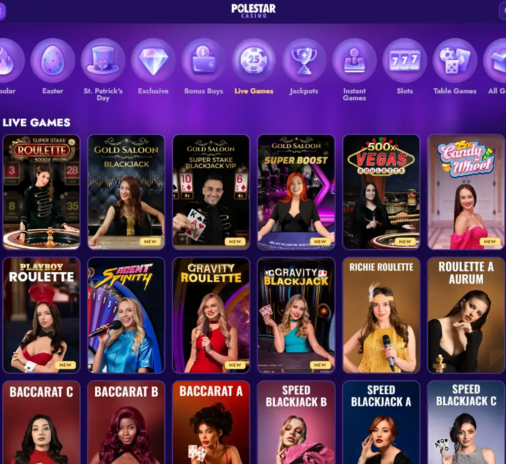 Polestar Casino desktop live casino lobby screenshot featuring live dealer games and real-time streaming interface - review testing Polestar Casino desktop live casino lobby screenshot featuring live dealer games and real-time streaming interface - review testing