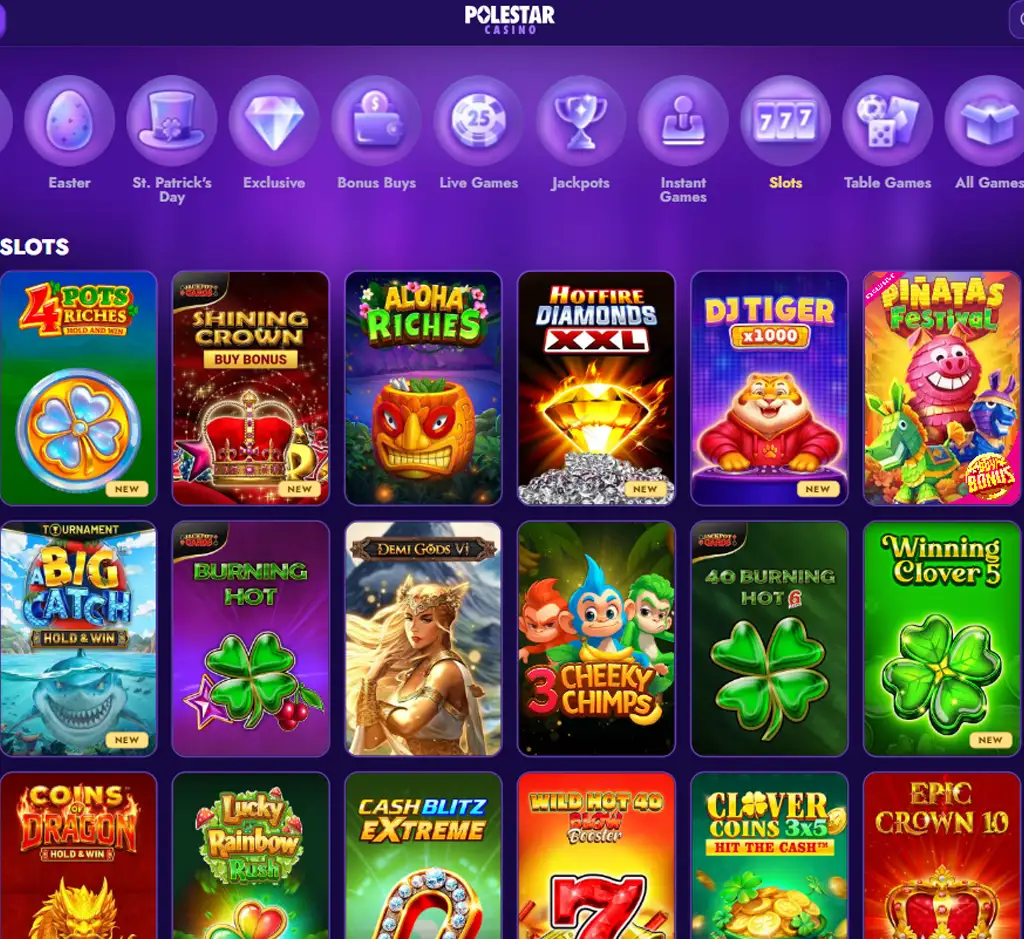 Polestar Casino desktop slots lobby screenshot presenting variety of slot games with categories and providers - verified Polestar Casino desktop slots lobby screenshot presenting variety of slot games with categories and providers - verified