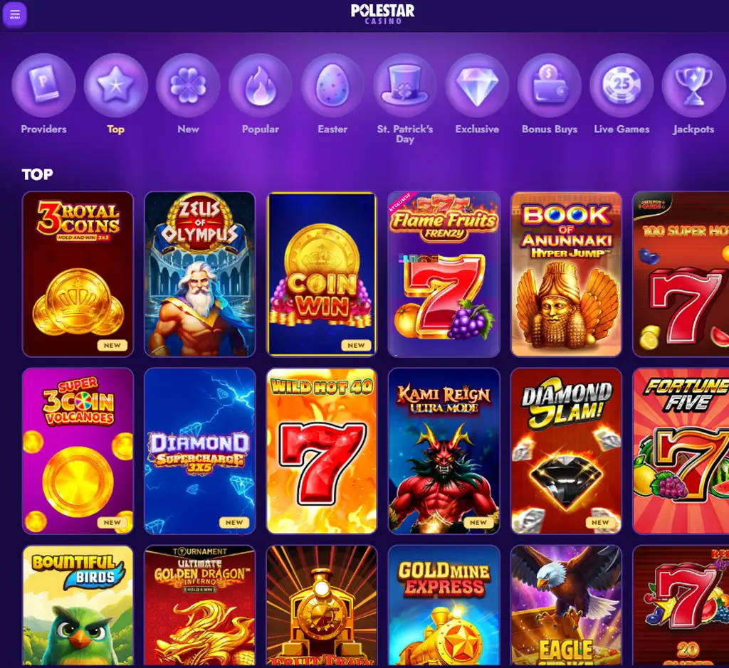 Polestar Casino desktop top page screenshot displaying main lobby with featured games, promotions and navigation menu - tested Polestar Casino desktop top page screenshot displaying main lobby with featured games, promotions and navigation menu - tested