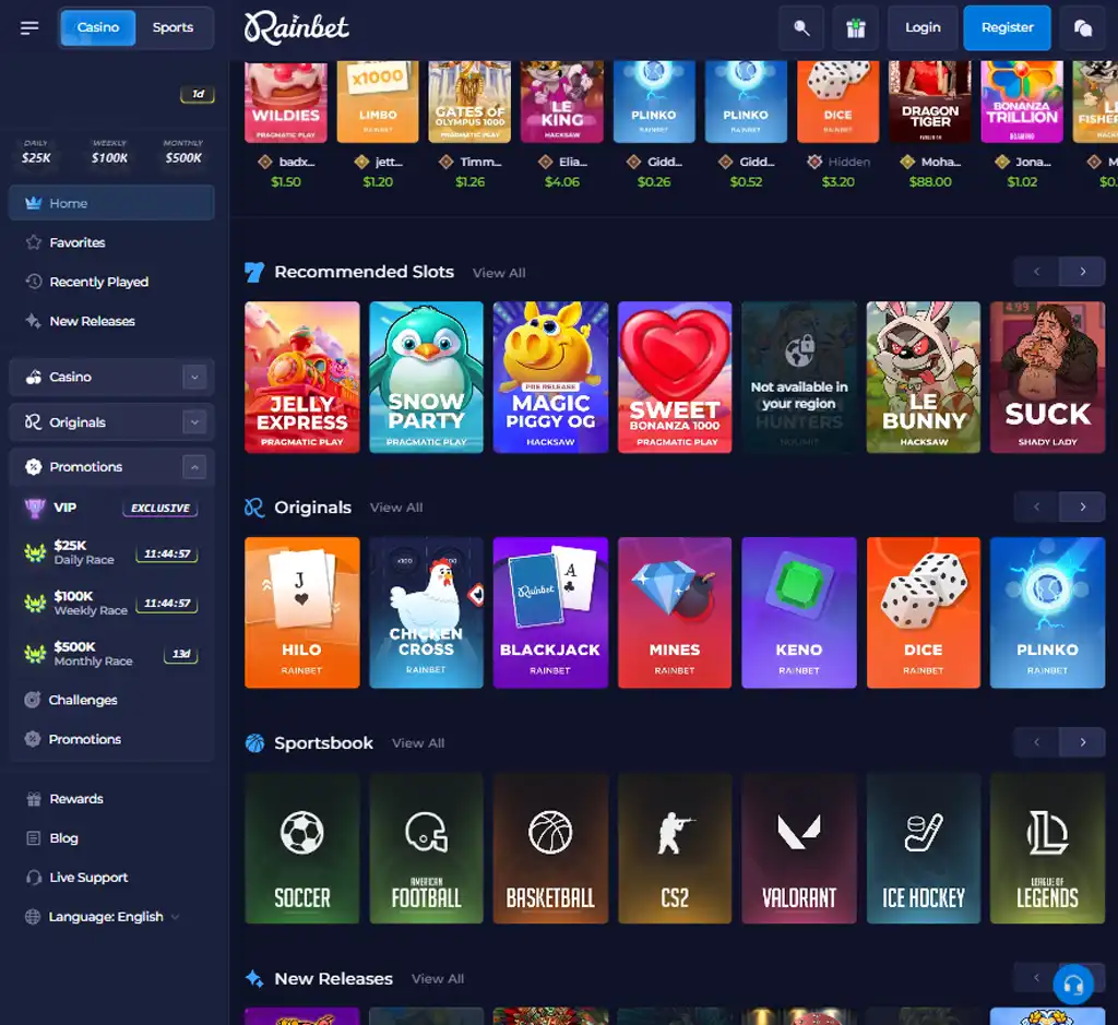Rainbet Casino desktop homepage screenshot displaying main lobby with featured games, promotions and navigation menu - tested
