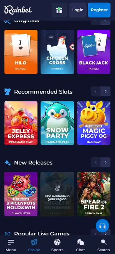Rainbet Casino mobile homepage screenshot showing main lobby with featured games and promotions - Tested