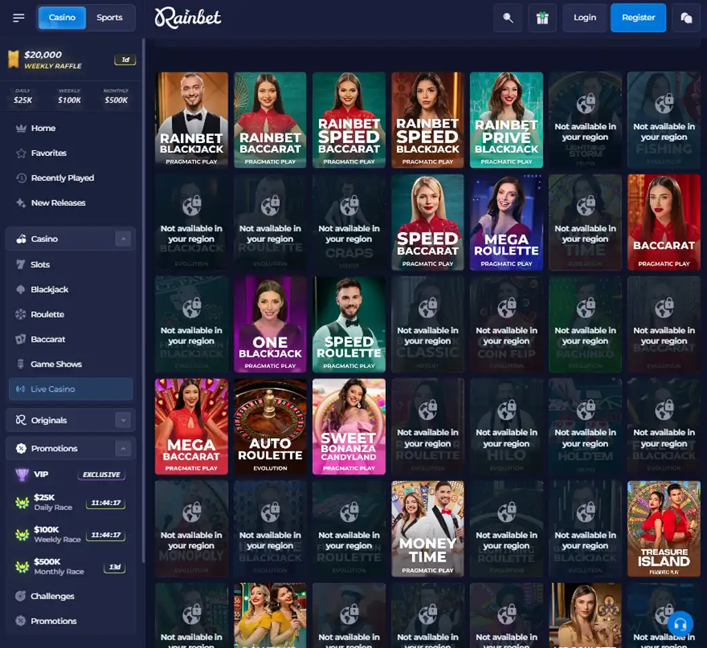Rainbet Casino desktop live casino lobby screenshot featuring live dealer games and real-time streaming interface - Tested