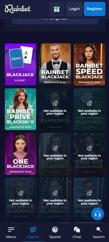 Rainbet Casino mobile live casino interface screenshot showing live dealer tables including blackjack and roulette - tested