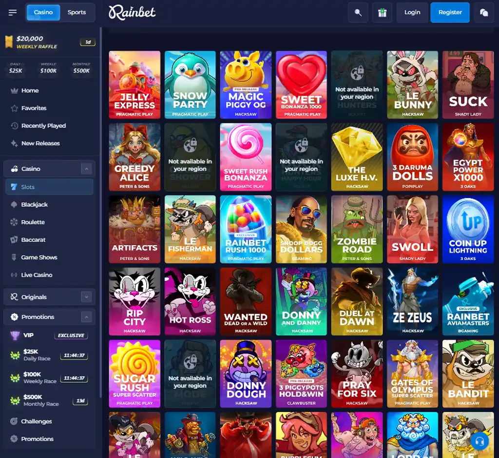 Rainbet Casino desktop slots lobby screenshot presenting variety of slot games with categories and providers - Tested