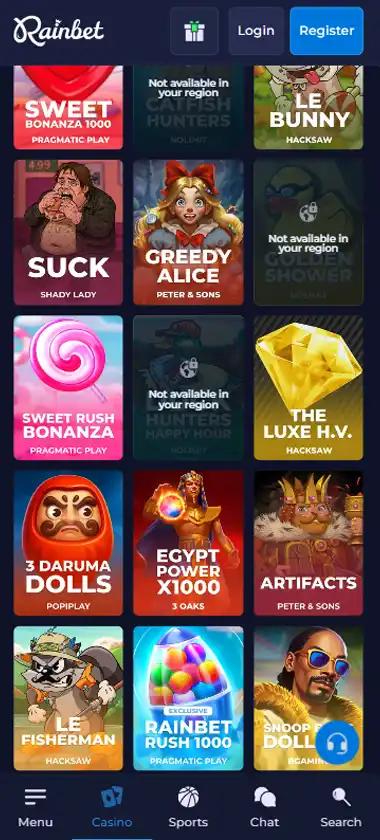 Rainbet Casino mobile slots interface screenshot showing slot game selection with popular titles and filtering options - Tested