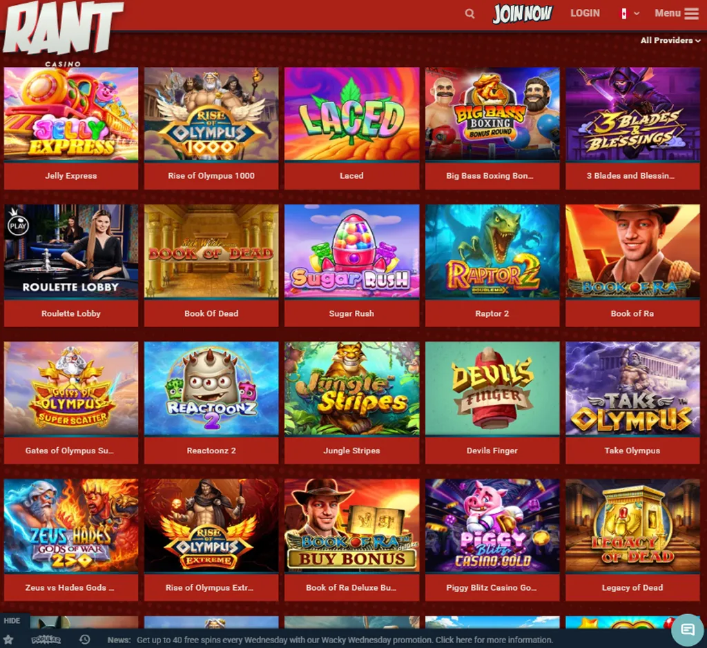Rant Casino homepage desktop interface screenshot showing main lobby, featured games and promotions - tested