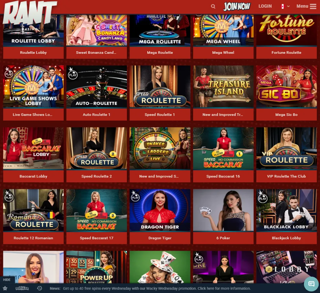 Rant Casino live casino desktop interface screenshot showing live dealer tables and streaming gameplay - captured during testing