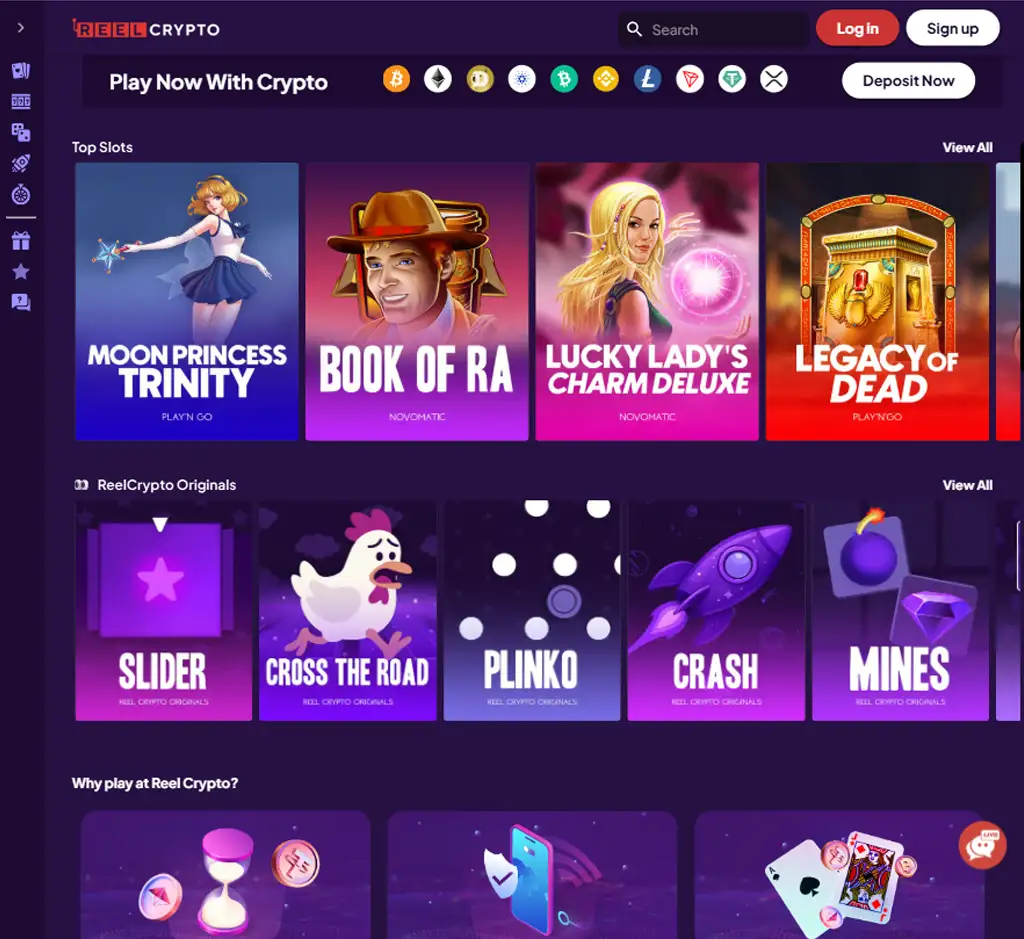 Reel Crypto Casino desktop homepage screenshot displaying main lobby with featured games, promotions and navigation menu - tested