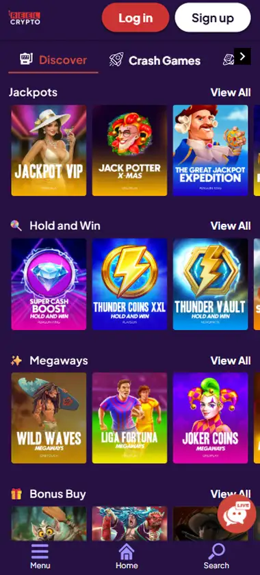 Reel Crypto Casino mobile slots interface screenshot showing slot game selection with popular titles and filtering options - captured during platform testing