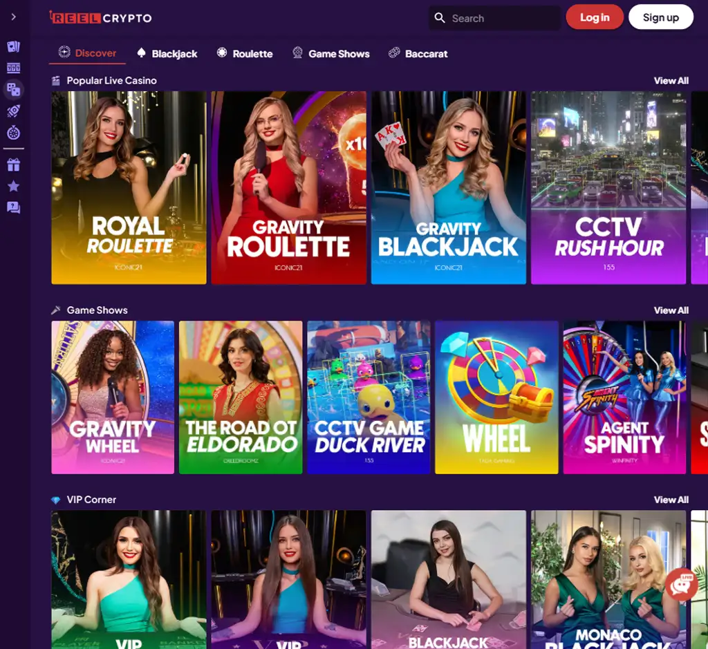 Reel Crypto Casino desktop live casino lobby screenshot featuring live dealer games and real-time streaming interface - review testing